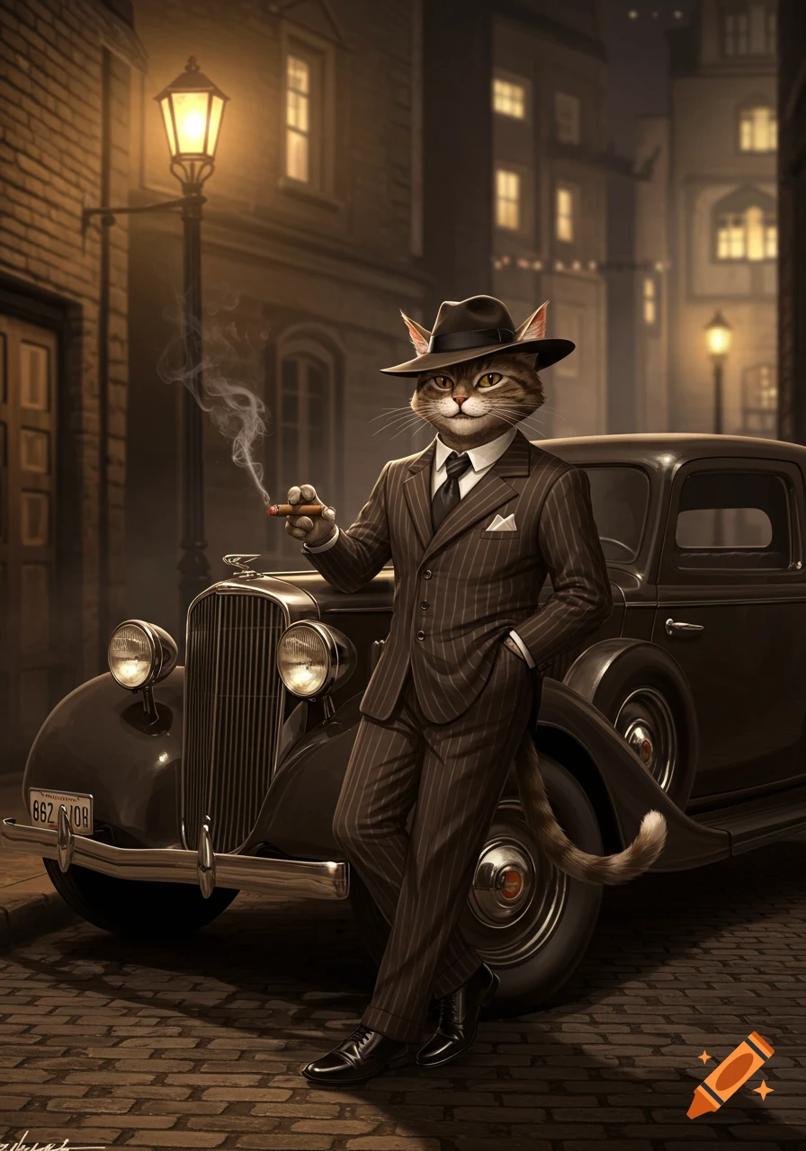 An anthropomorphic cat dressed in a pinstripe suit and fedora, smoking a cigar and leaning on a vintage car on a cobbled street at night.