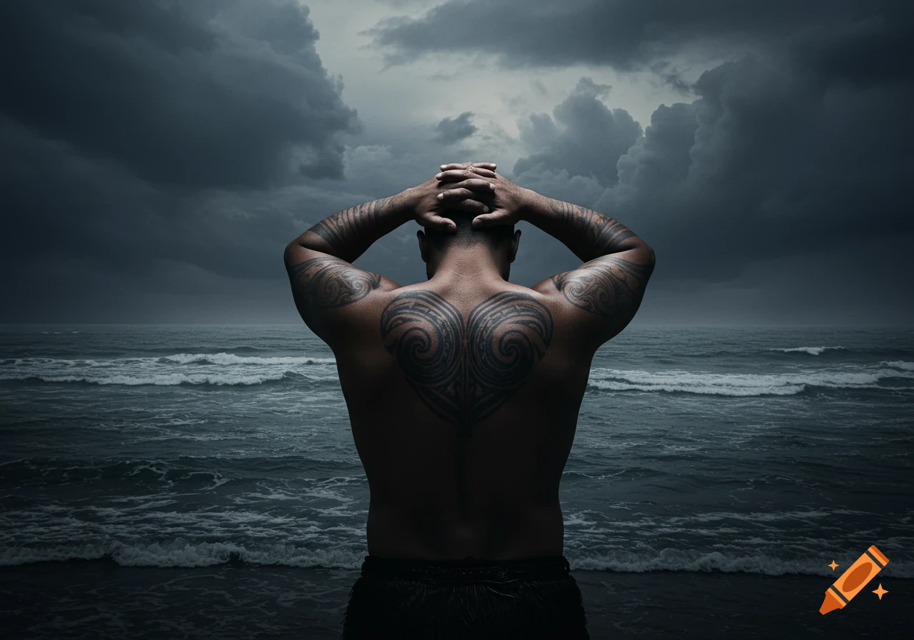 Photorealistic image of a muscular man with tattoos on his back, hands behind his head, looking out at a stormy ocean under dark clouds.