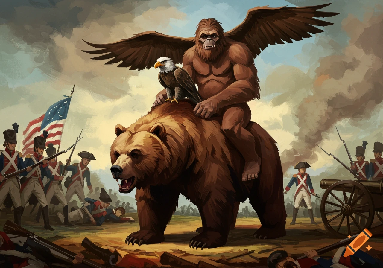 A winged Sasquatch rides a grizzly bear with an eagle on its shoulder during a stylized Revolutionary War battle.