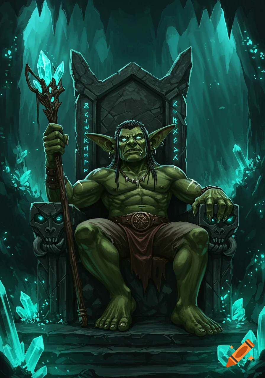 A muscular green goblin with glowing eyes sits on a stone throne in a crystalline cave, holding a glowing staff.