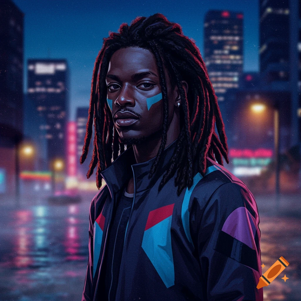 A man with dreadlocks and blue facial markings stands in a neon-lit cyberpunk city at night, digital art style.