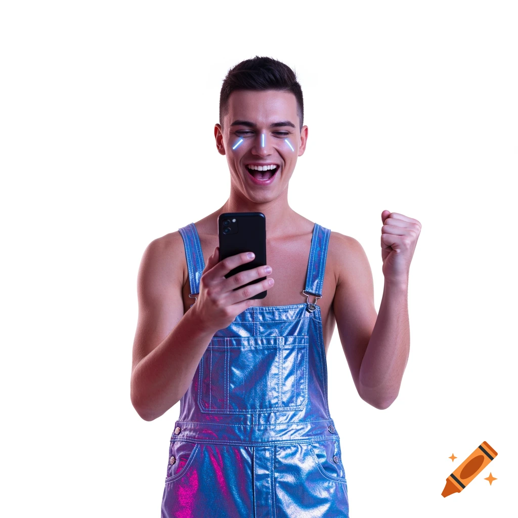A young man in shiny blue overalls with neon face paint laughs while looking at his phone and raising a fist in victory.