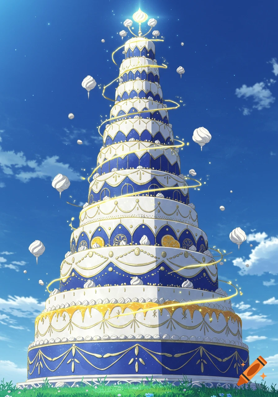 An anime-style fantasy illustration of a towering multi-tiered wedding cake in blue, white, and gold, with golden spirals and floating cream orbs against a blue sky.