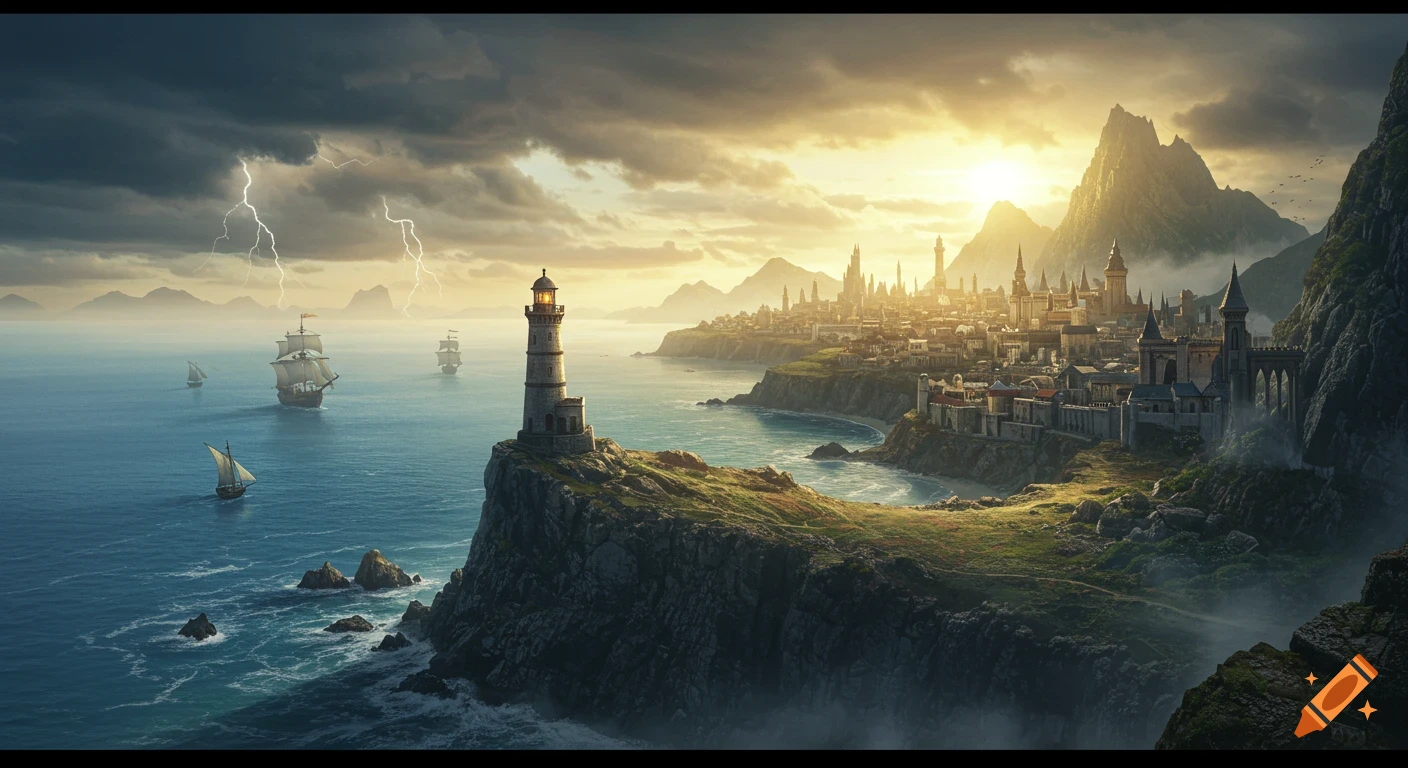 Dramatic high fantasy landscape of a medieval coastal city, lighthouse, and sailing ships at dawn under stormy, lightning-filled skies.
