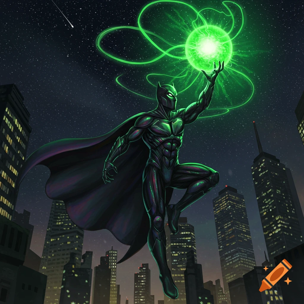 A dark-suited superhero with a cape and bat-like ears floats above a city at night, holding a glowing green energy sphere.