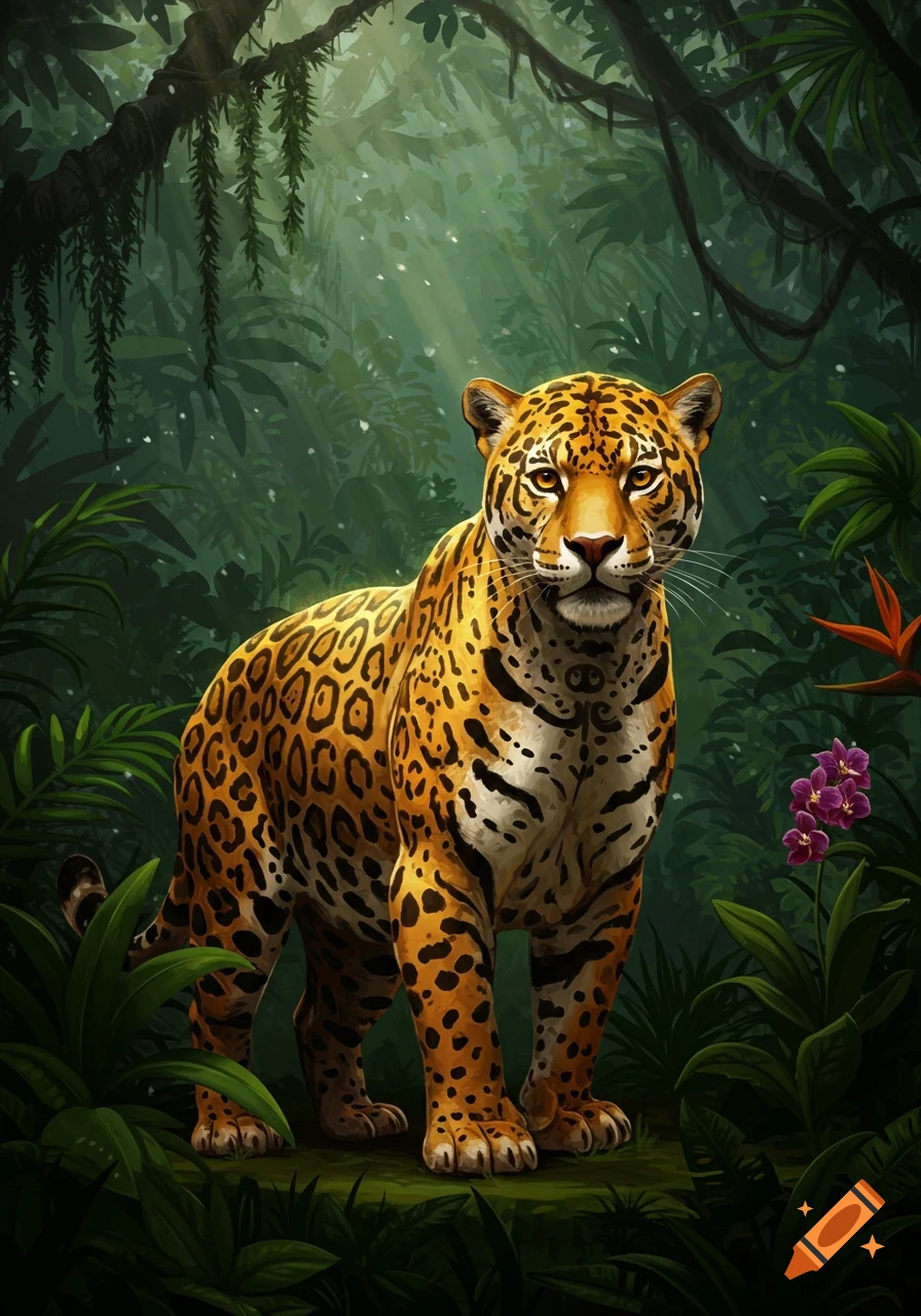 A vibrant illustration of a jaguar standing in a dense, sunlit jungle.