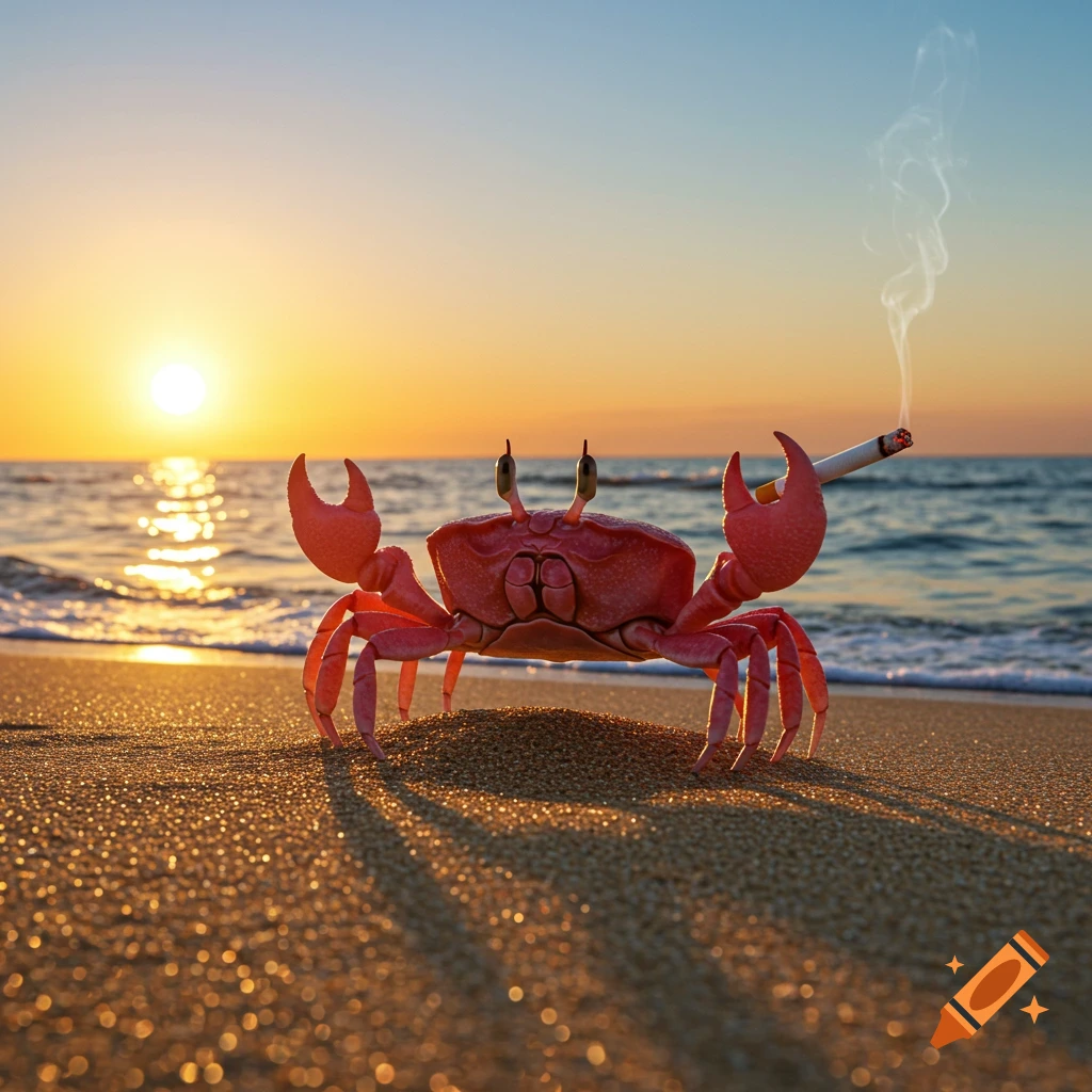 A photorealistic red crab stands on a sandy beach holding a lit cigarette as the sun sets over the ocean.