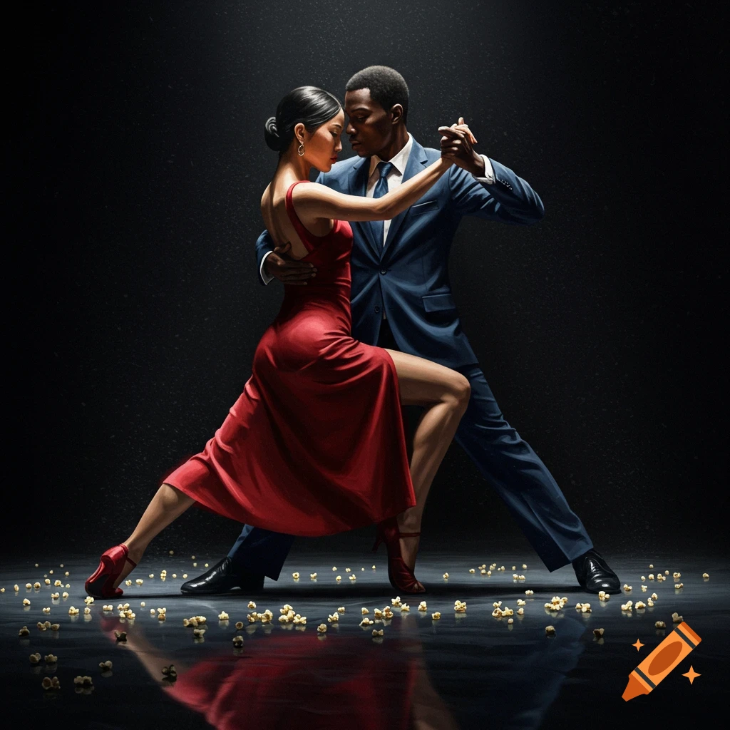 A Black man and an Asian woman dance the tango on a dark stage with popcorn scattered on the floor. Photorealistic.