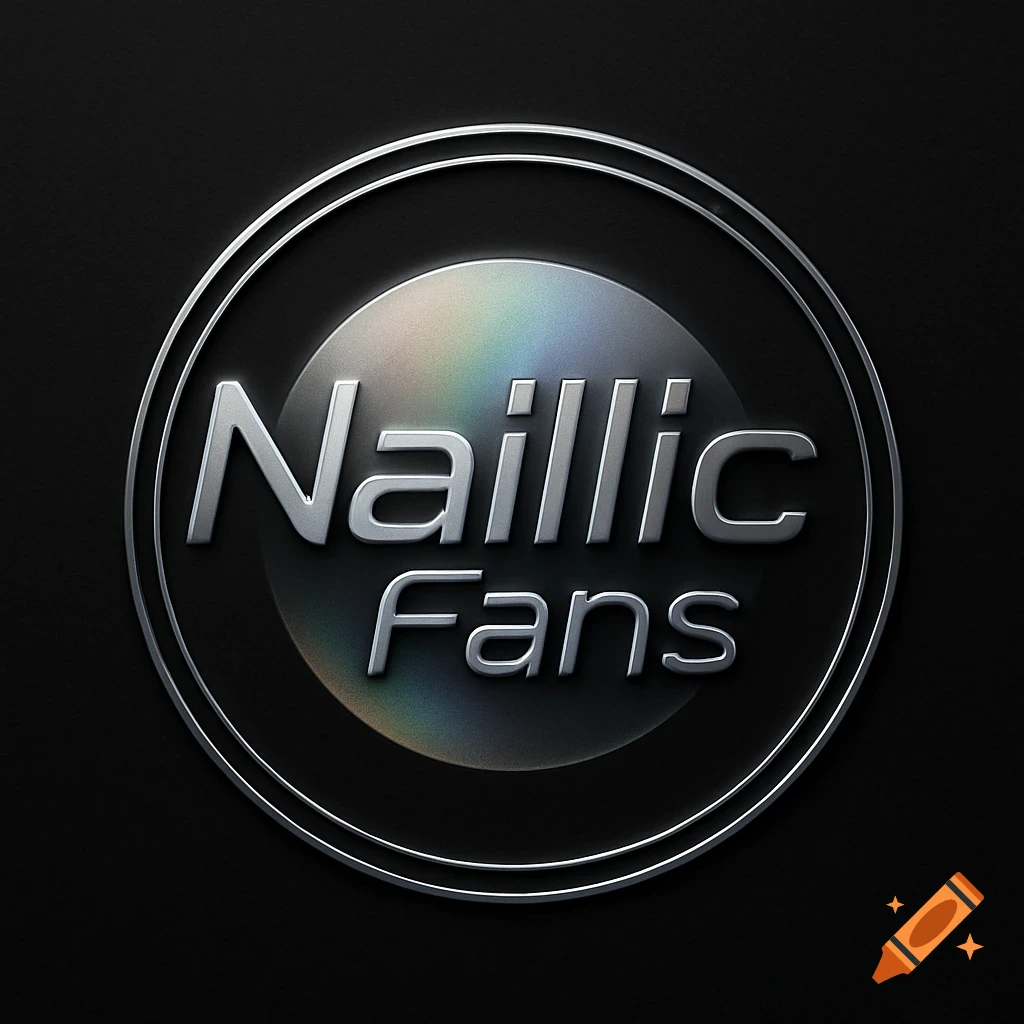 A silver metallic circle logo with the words Naillic Fans in a 3D font on a dark background.