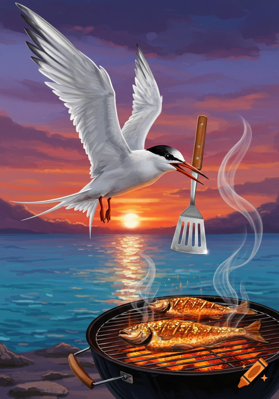 A Tern bird holding a spatula flies over a grill with fish cooking on it, with a sunset over water in the background. Digital art.