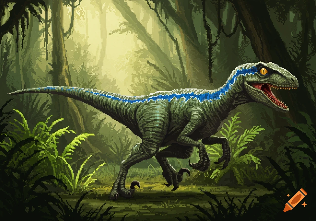 A detailed pixel art illustration of a blue velociraptor with a stripe standing in a lush jungle.
