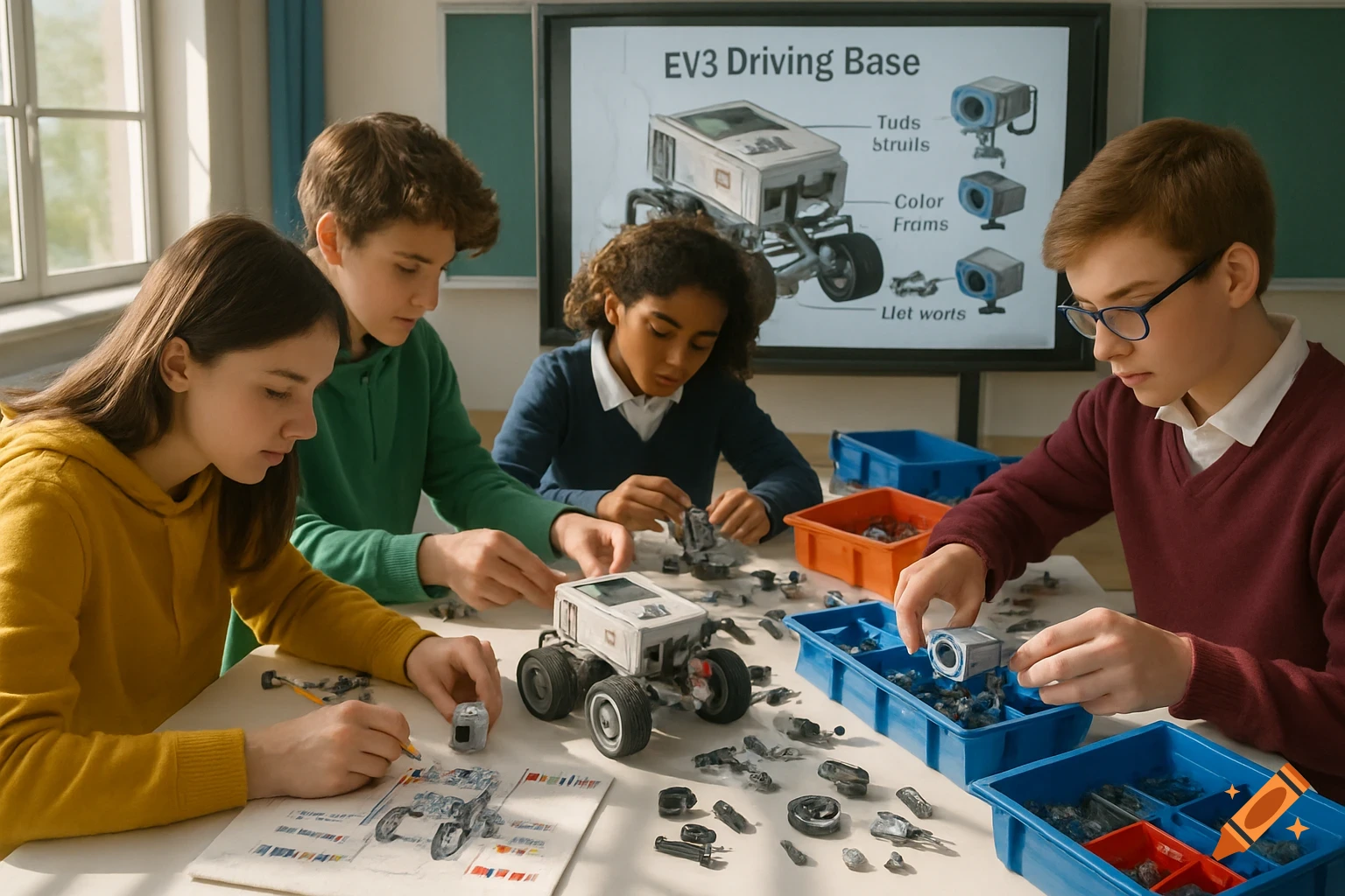 Four diverse students work together at a table, assembling robot models from various parts, with a diagram on a screen in the background.