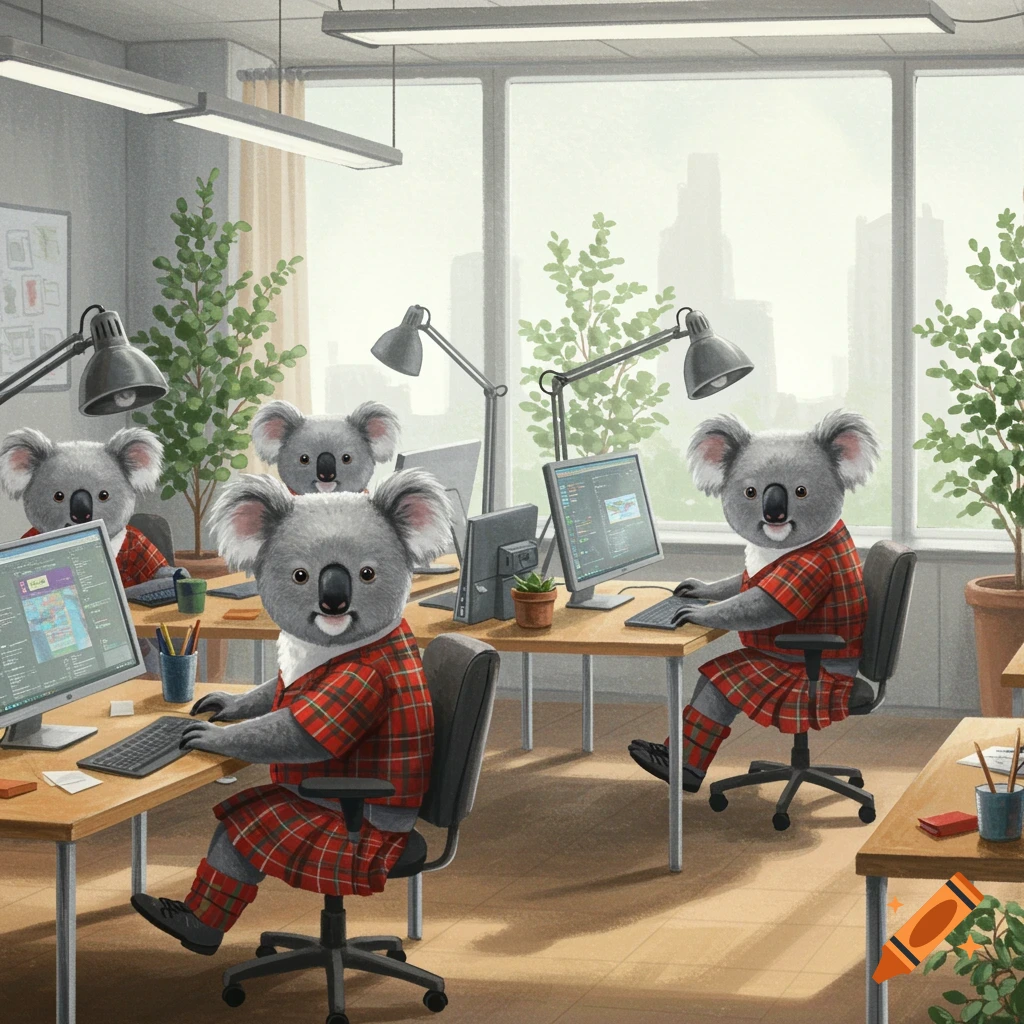 Anthropomorphic koalas in red kilts work at computers in a busy office setting.