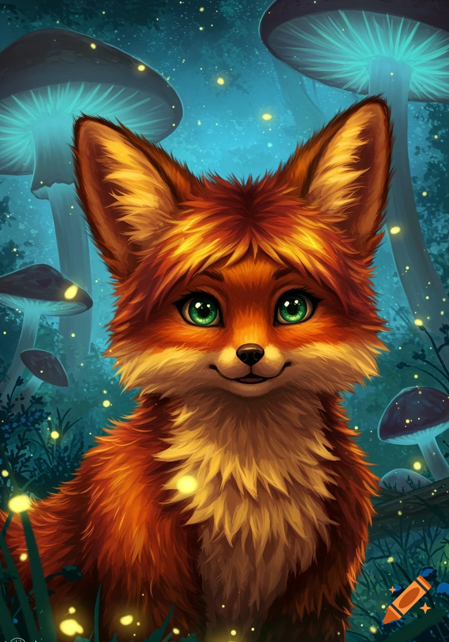 A cute cartoon fox with big green eyes sits in a magical forest with glowing blue mushrooms and fireflies, digital illustration.