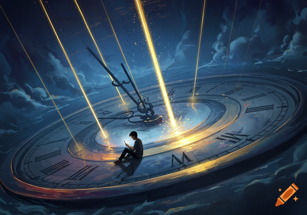 A person sits on a giant clock face with Roman numerals, lit by glowing beams, set against a dark, cloudy sky.