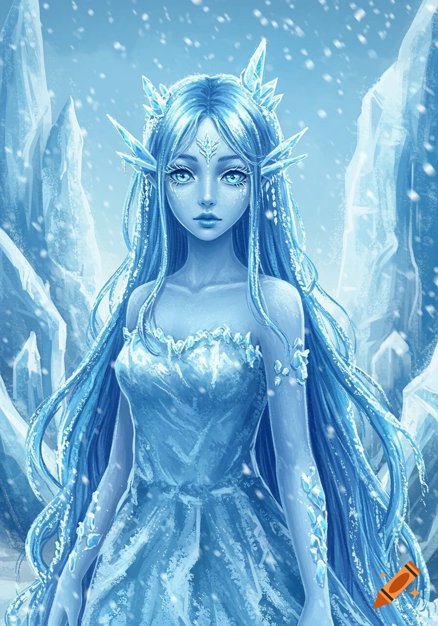 Digital illustration of an ice queen with long blue hair, glowing blue eyes, and ice crystals, standing in a snowy landscape.