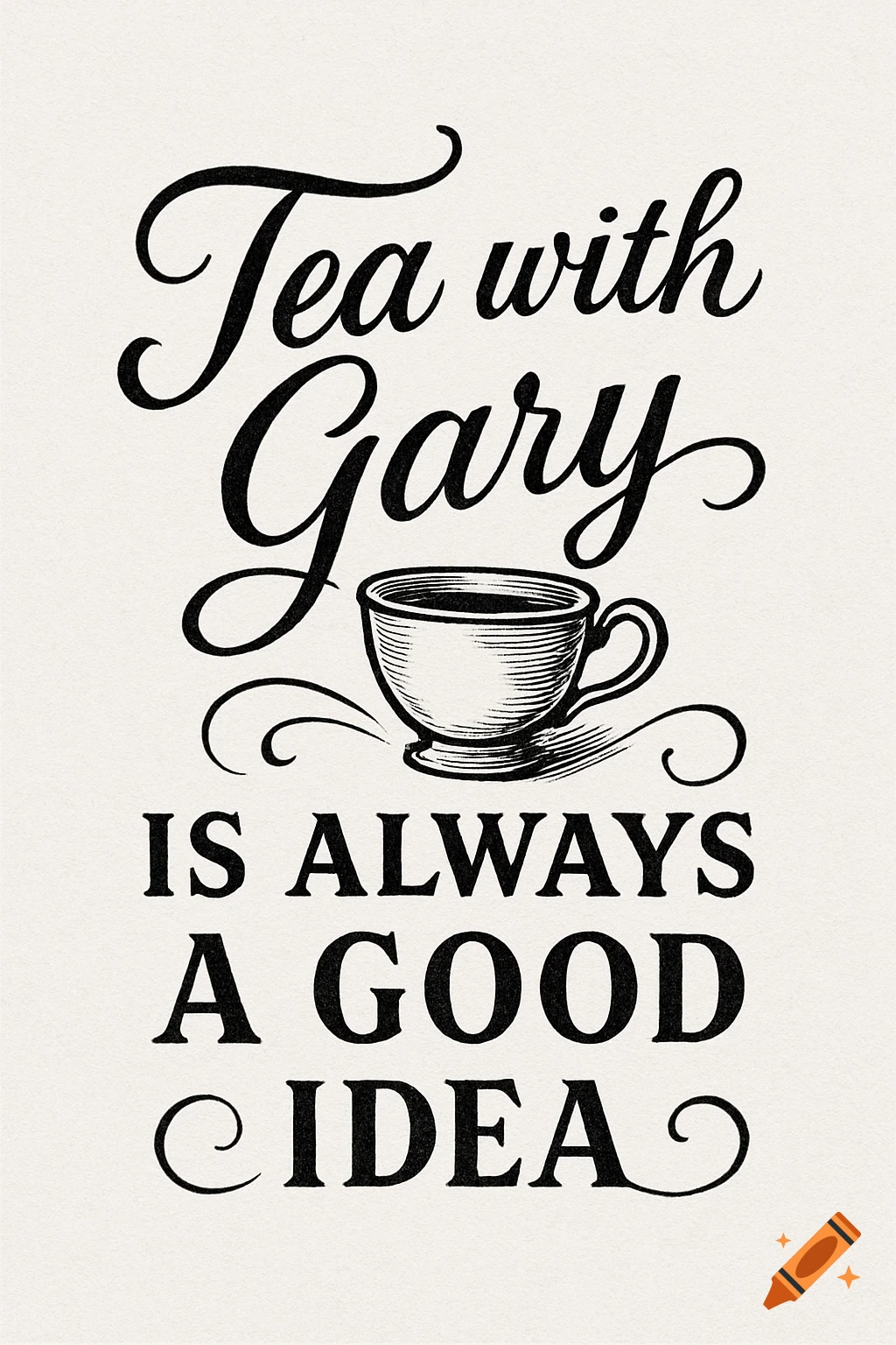 Black and white graphic design with the text 'Tea with Gary IS ALWAYS A GOOD IDEA' and a teacup icon.
