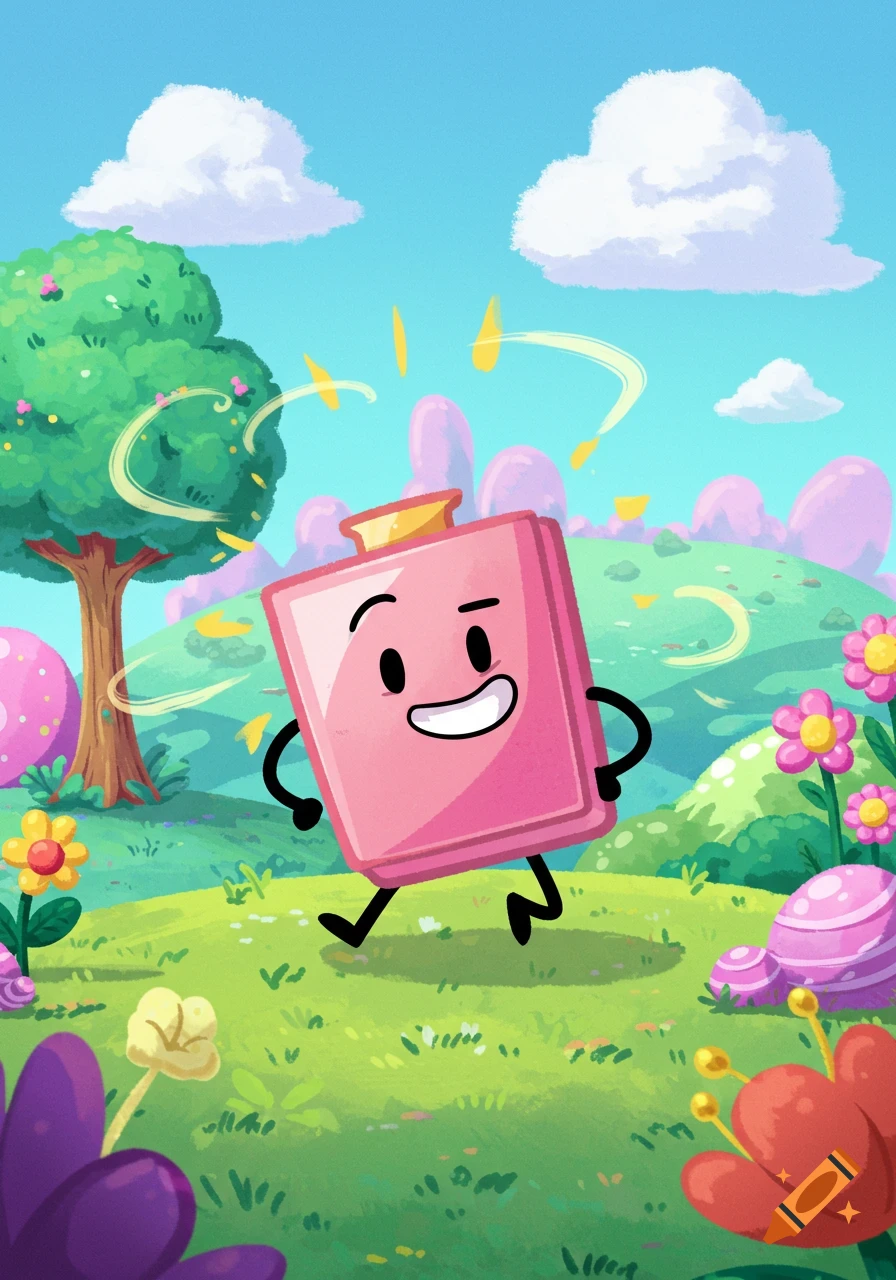 A pink rectangular character with a face and stick limbs walks through a colorful cartoon fantasy landscape.