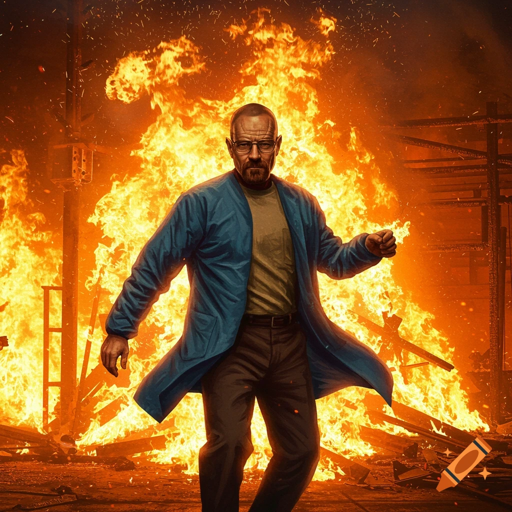 Walter White stands amidst a burning warehouse, looking determined as flames engulf the background.