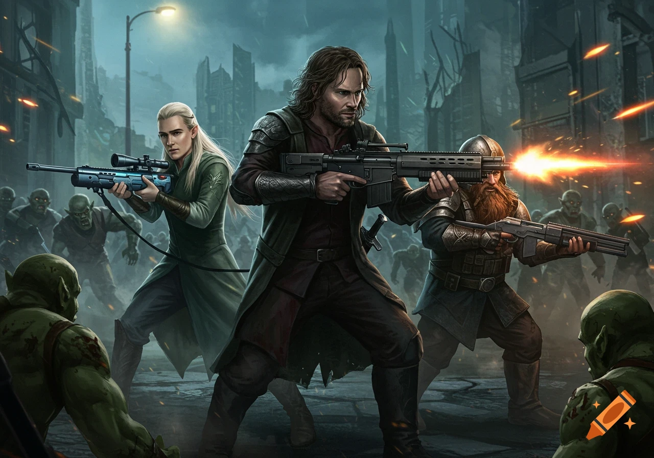 Aragorn, Legolas, and Gimli wield modern firearms against charging orcs in a ruined city, digital illustration style.
