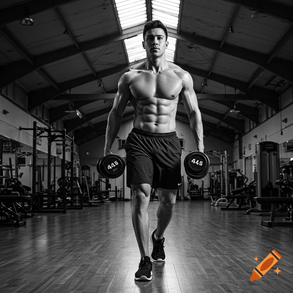 A muscular man walking through a gym holding dumbbells, in a black and white photorealistic style.