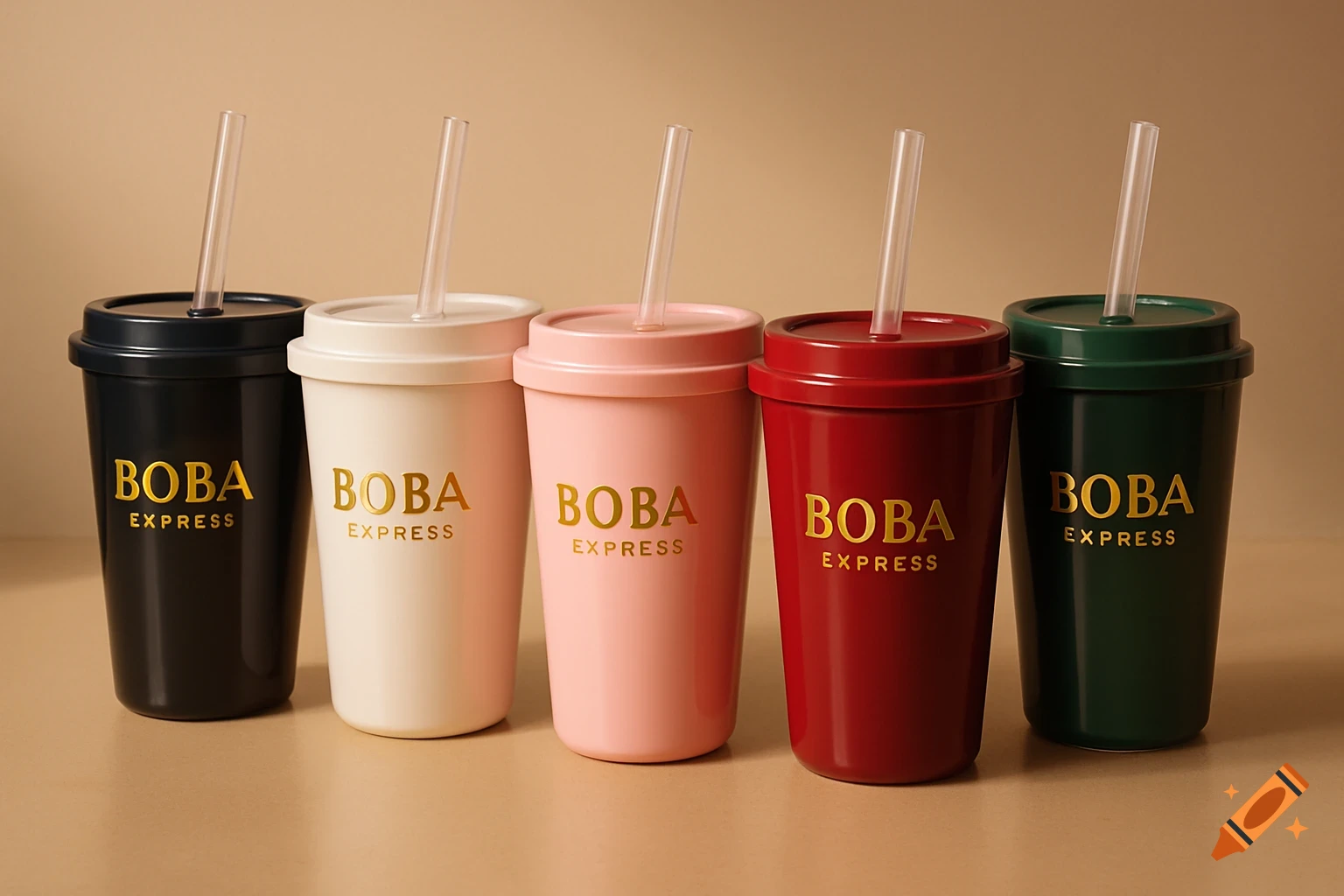 Five re-usable boba tea cups in black, white, pink, red, and green, with straws and 'BOBA EXPRESS' logo, on a light brown surface.