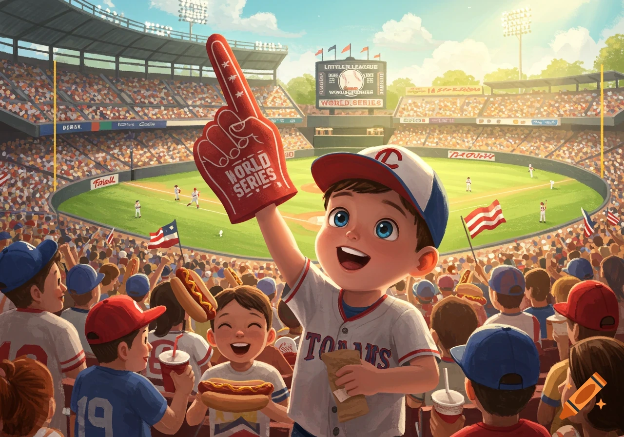An illustration of a young boy in a baseball cap and jersey, holding up a large foam finger that says 'World Series', smiling in a crowded baseball stadium. Other children around him are also smiling and holding hot dogs.
