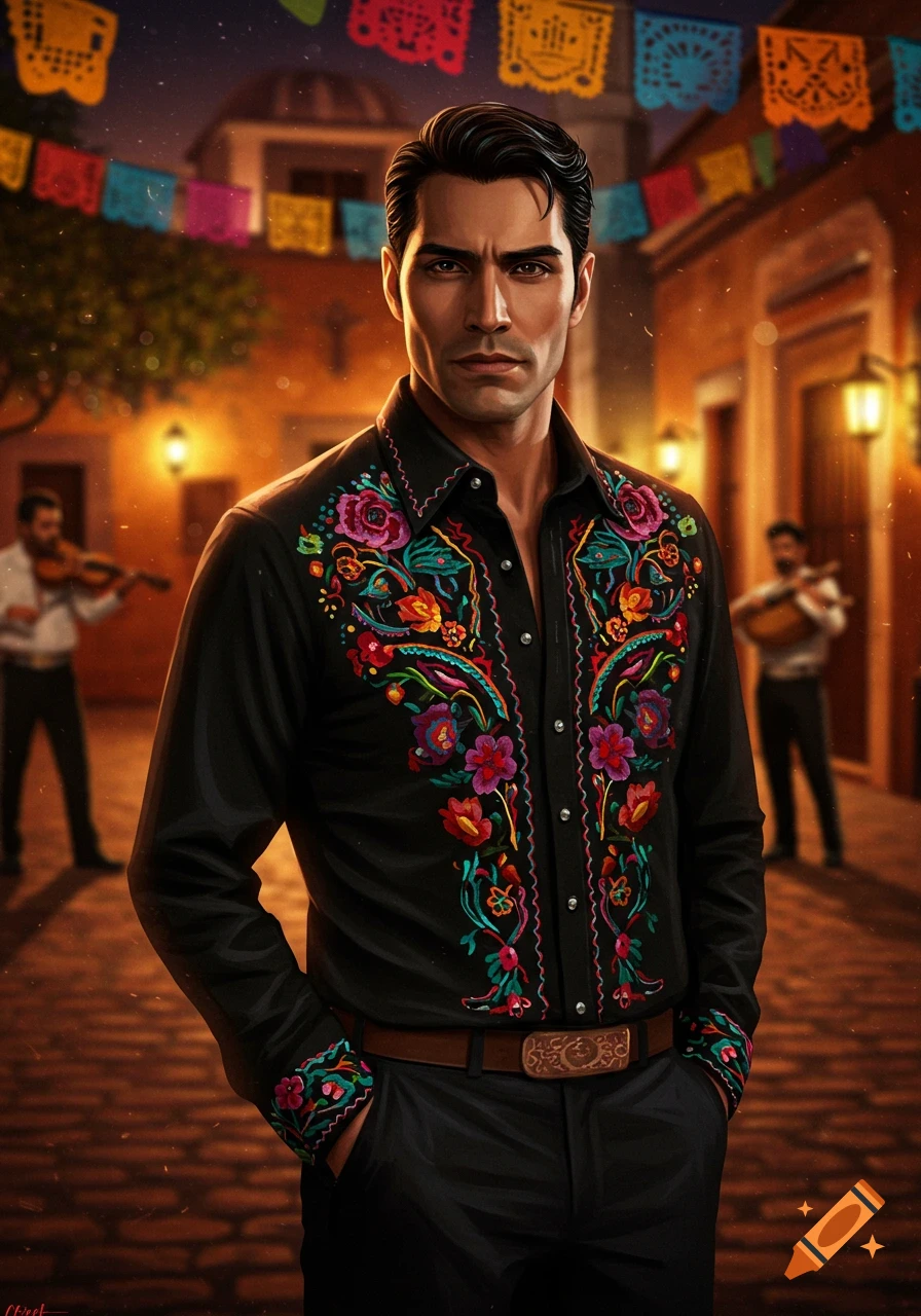 A handsome man with dark hair and a serious expression wears a black shirt with vibrant floral embroidery, standing on a cobblestone street at night under colorful banners.