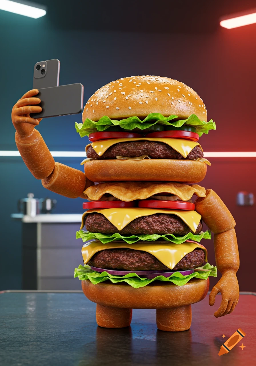 An anthropomorphic hamburger character with arms and legs takes a selfie with a smartphone against a blurred background.