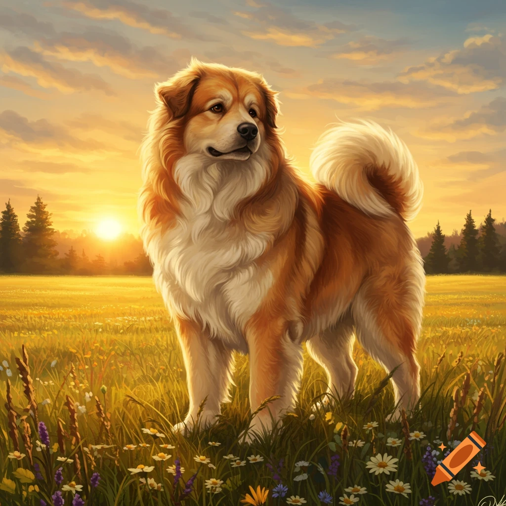 A fluffy golden-brown dog stands in a field of wildflowers at sunset, with a warm, glowing sky.