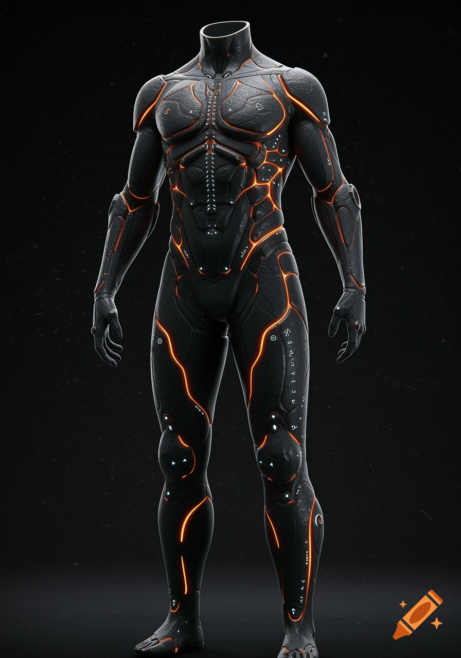A headless, skintight black futuristic power suit with glowing orange lines and blue accents stands against a dark background.