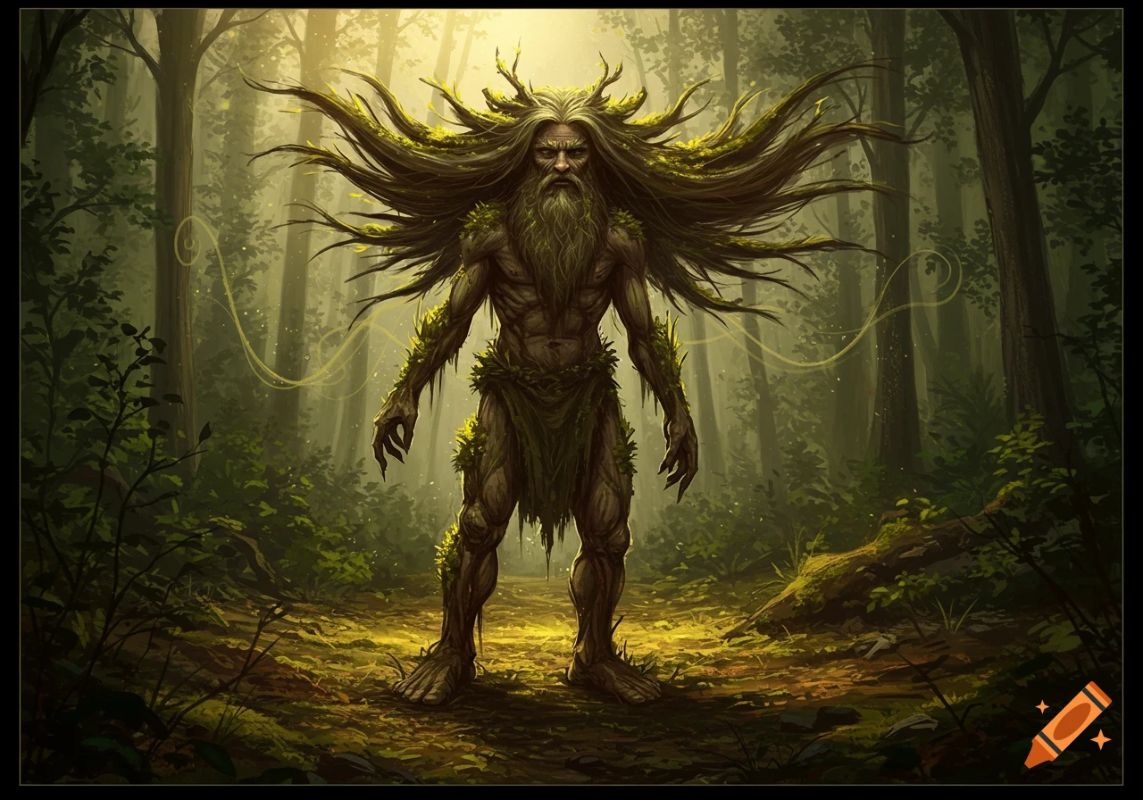An ancient, moss-covered man with wild, root-like hair stands in a sunlit forest, appearing like a guardian of nature.