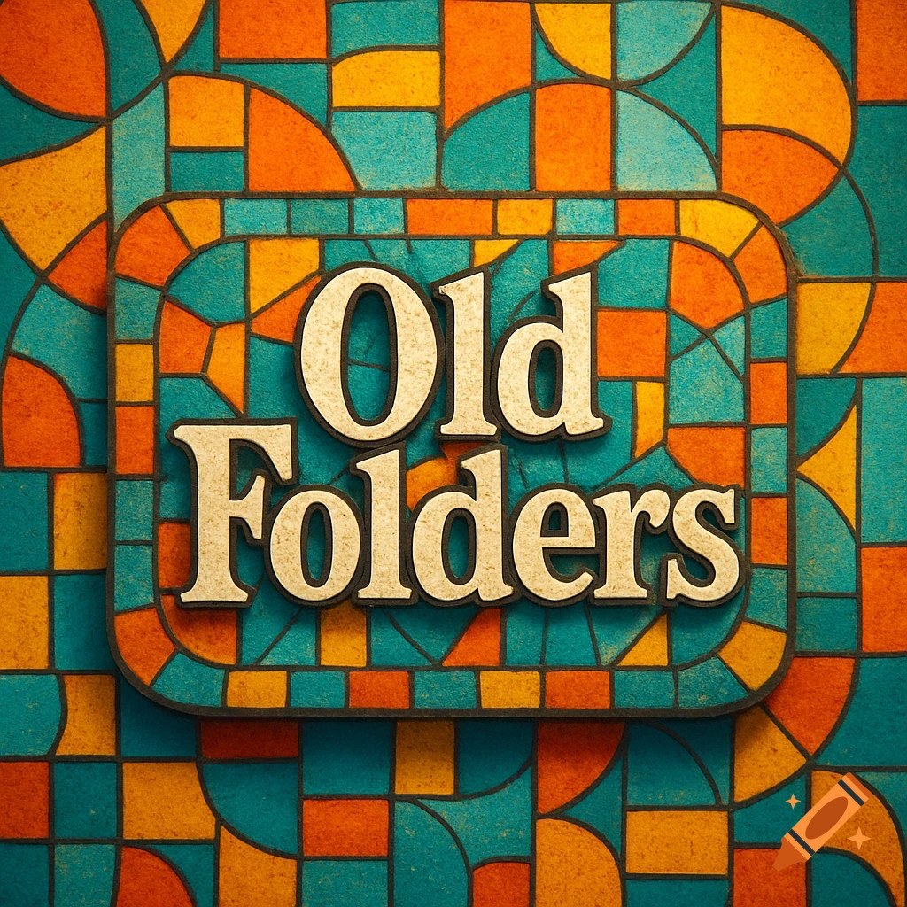 A textured sign with 'Old Folders' text over an abstract orange, yellow, and teal mosaic background.