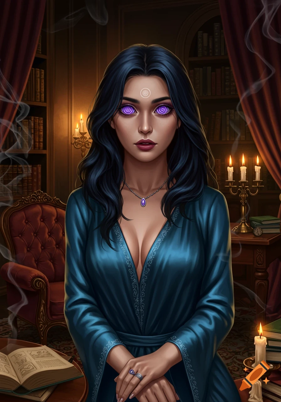 A woman with long dark hair and glowing purple spiral eyes in a blue robe, sitting in a dimly lit library with candles and books.