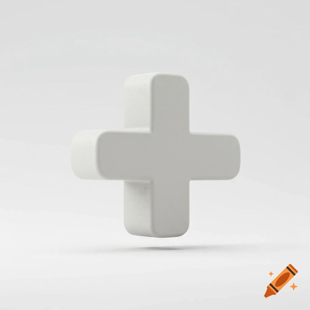 A 3D rendered white plus symbol with a soft texture floating against a white background.