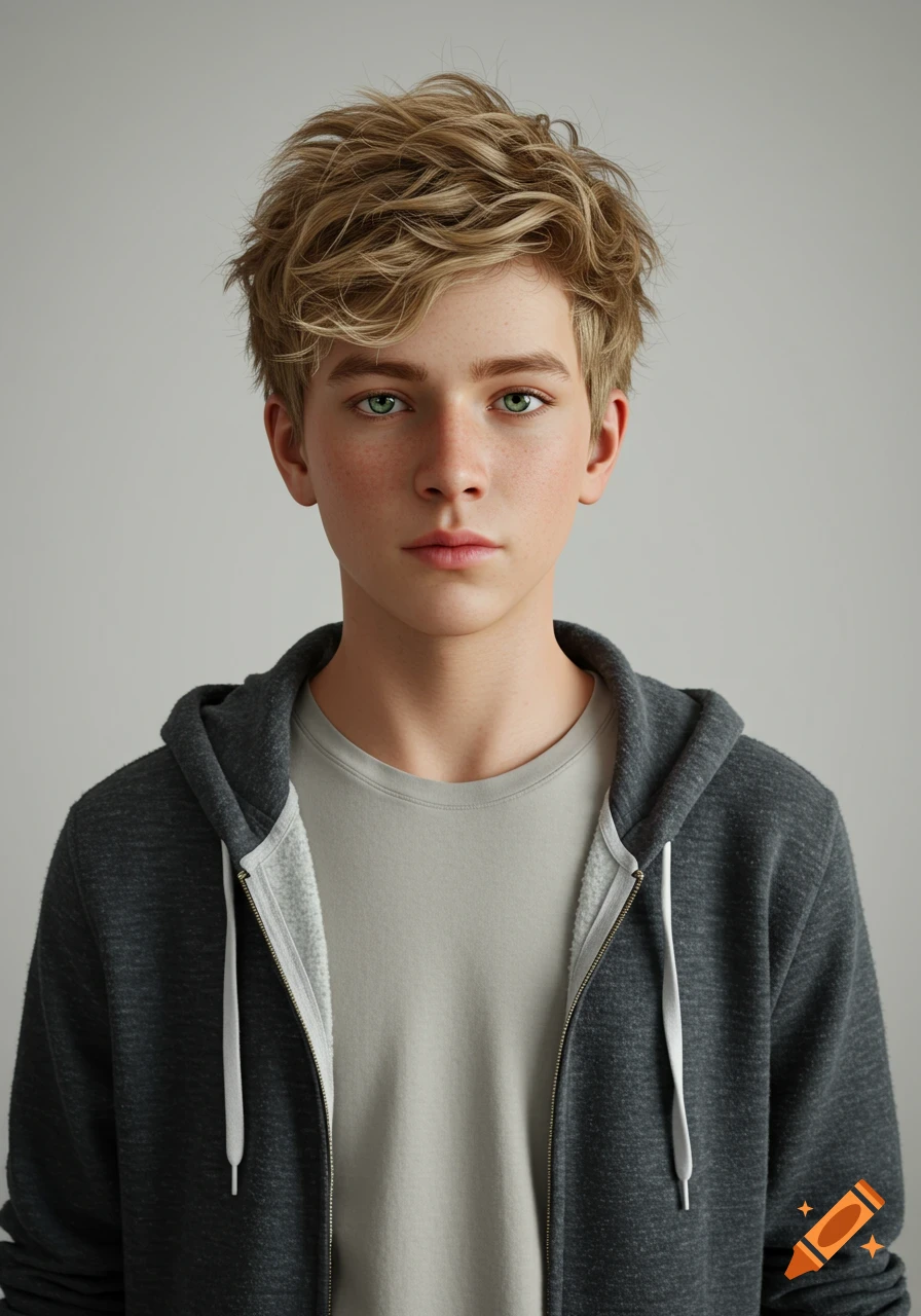 A realistic portrait of a teenage boy with short blonde, wavy hair and green eyes, wearing a gray hoodie and t-shirt, against a light gray background.