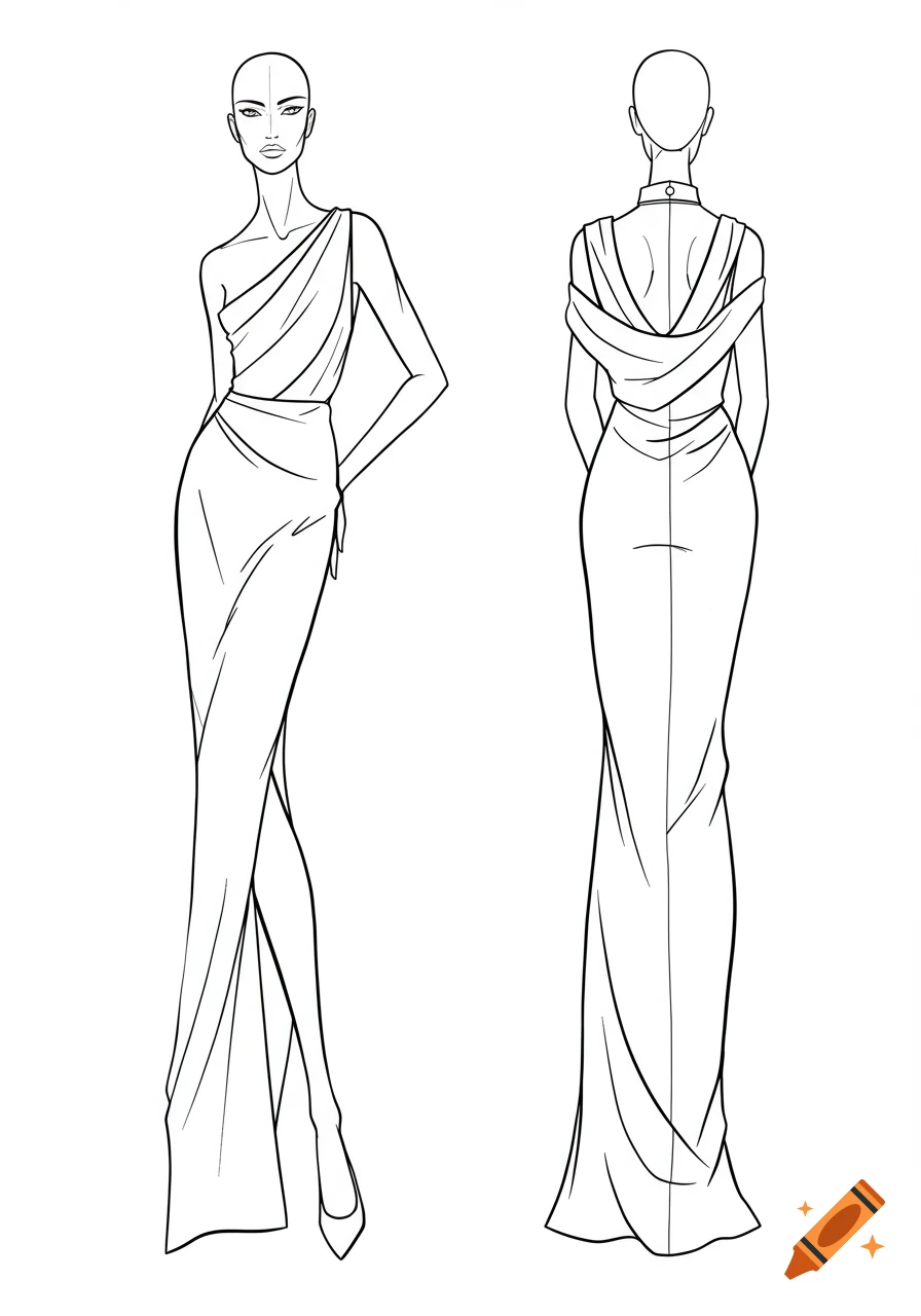 Two black and white fashion croquis, front and back views, modeling a long, draped one-shoulder dress.