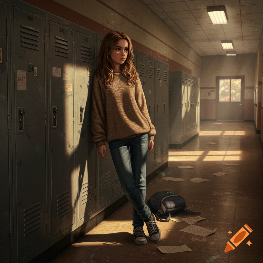 A young woman in a brown sweater and jeans leaning against a row of lockers in a sunlit school hallway, illustration.