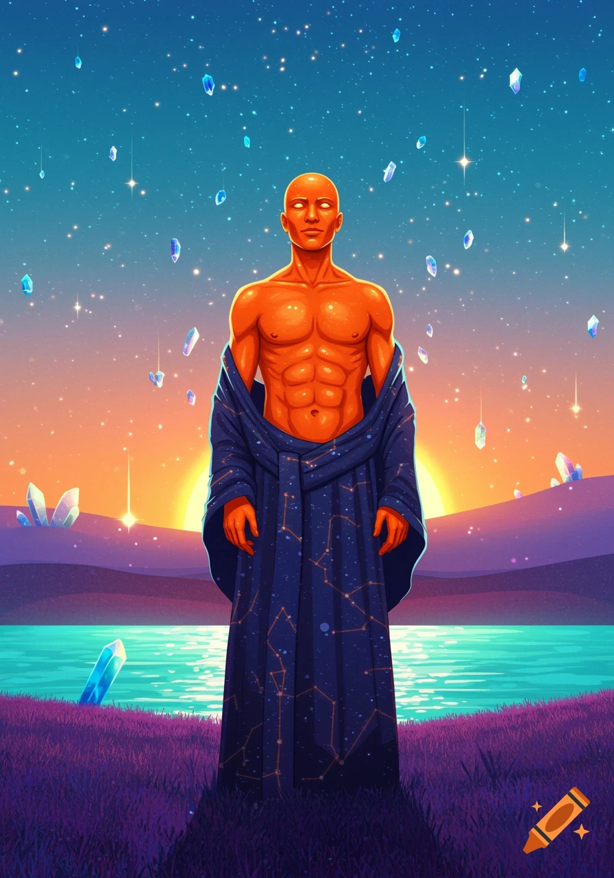 A stylized orange-skinned man with an open, constellation-patterned robe stands in a vibrant alien landscape under a star-filled, sunset sky with floating crystals.