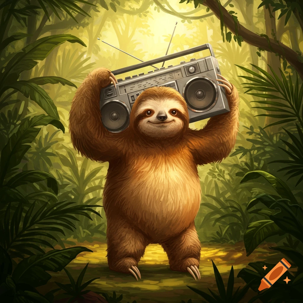 A happy, furry sloth standing in a vibrant green jungle, holding a retro boombox on its shoulder.