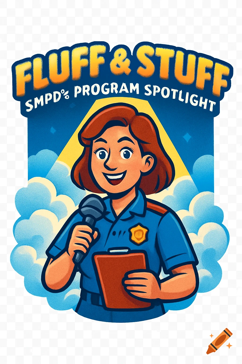 Cartoon of a smiling female host in police uniform holding a mic and clipboard, with 'FLUFF & STUFF SMPD% PROGRAM SPOTLIGHT' text.