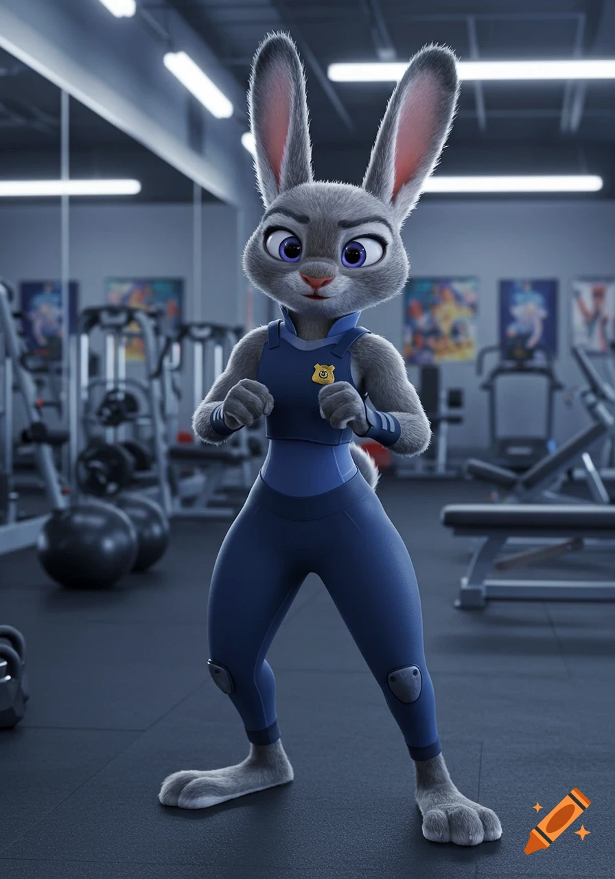 Judy Hopps, an anthropomorphic bunny, in blue gym clothes, posing in a gym.