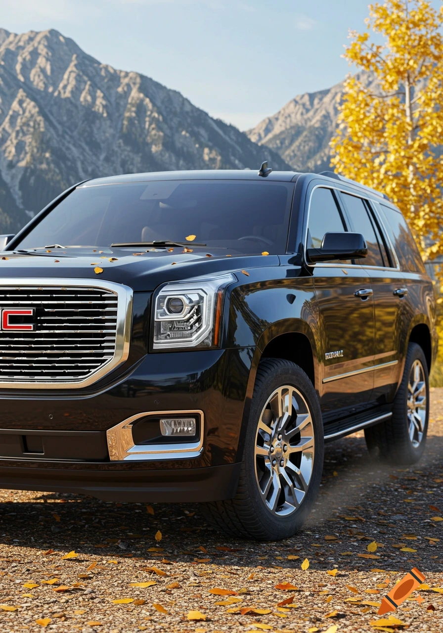 A black GMC Yukon Denali SUV on a gravel road with autumn leaves, mountains and a yellow tree in the background.