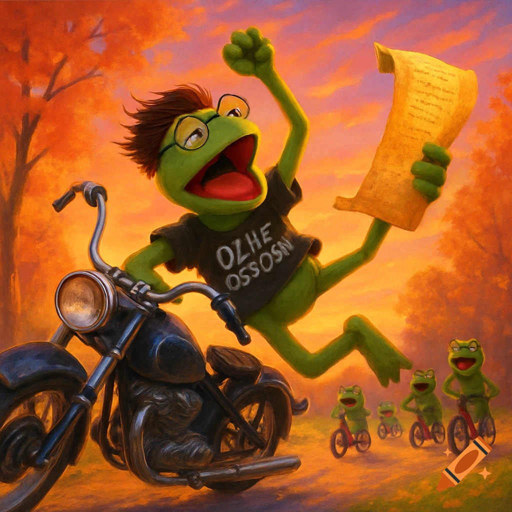 Kermit the frog, wearing glasses and a dark t-shirt with garbled text, falls off a motorcycle while holding a scroll and raising a fist at sunset. Behind him, smaller frogs ride bikes.