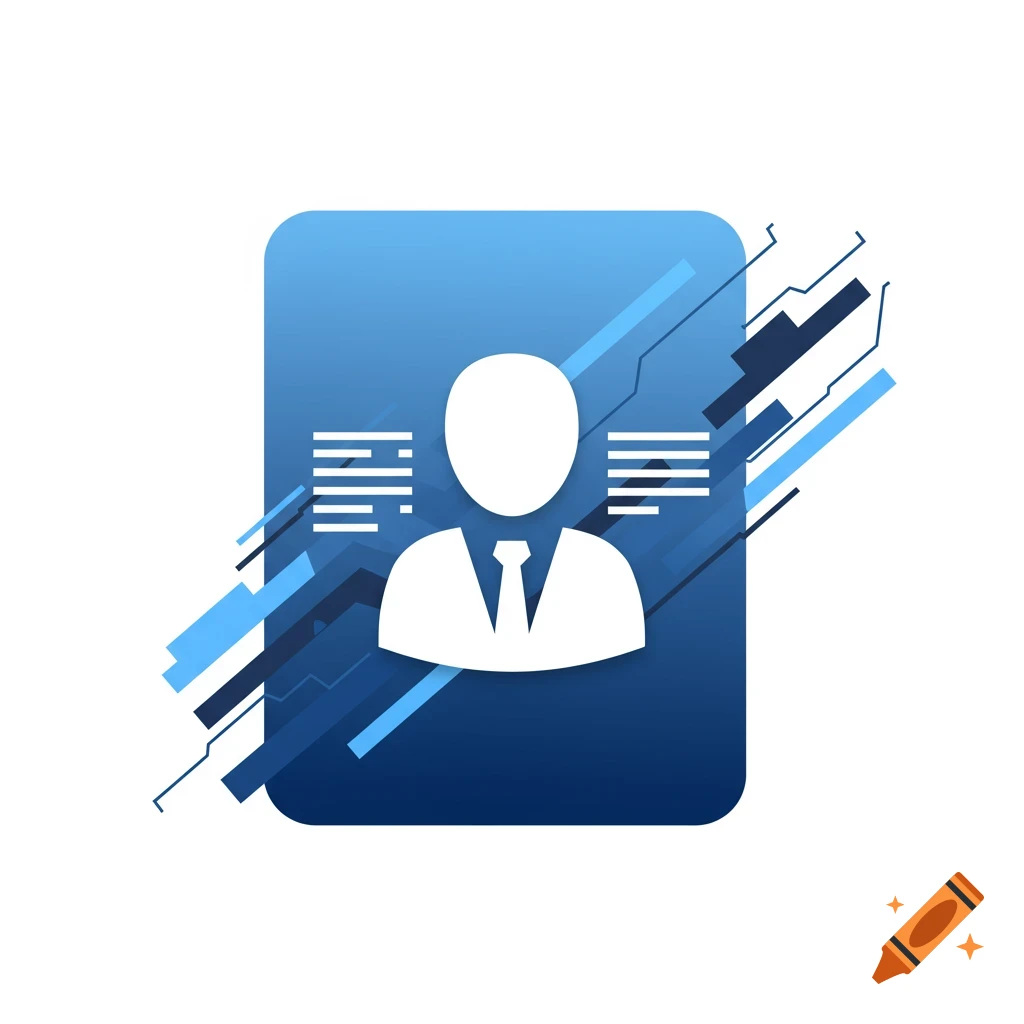 A blue rounded rectangle icon featuring a white silhouette of a person in a suit and tie, flanked by abstract data lines.