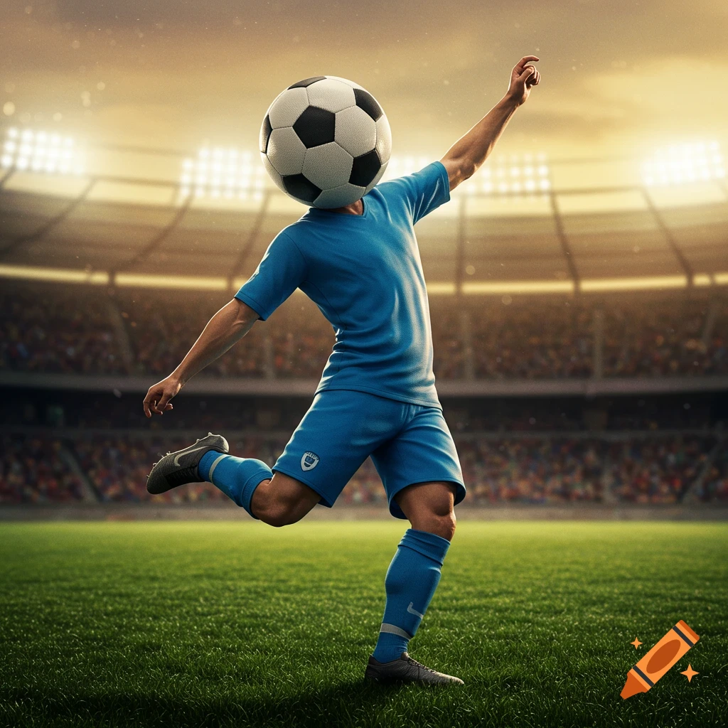 Photorealistic image of a soccer player in a blue uniform with a soccer ball for a head, standing on a green field in a stadium.