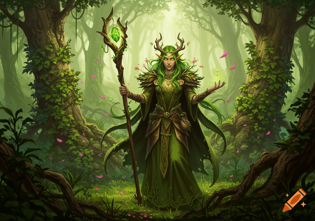 A green-haired female elf druid with antlers and a staff stands in a lush, magical forest, in a painterly style.