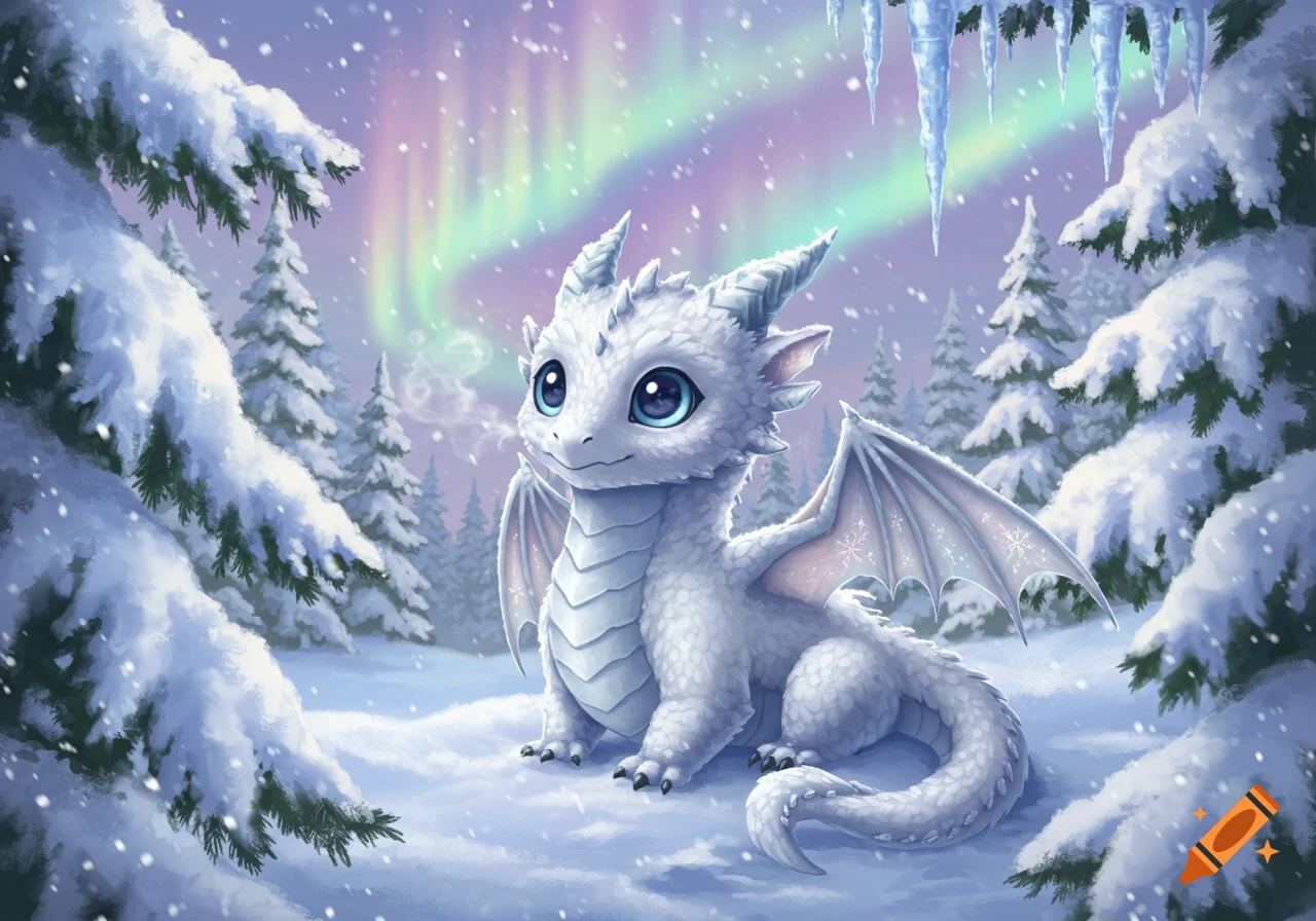 A cute white snow dragon with big blue eyes sits in a snowy forest under the aurora borealis.