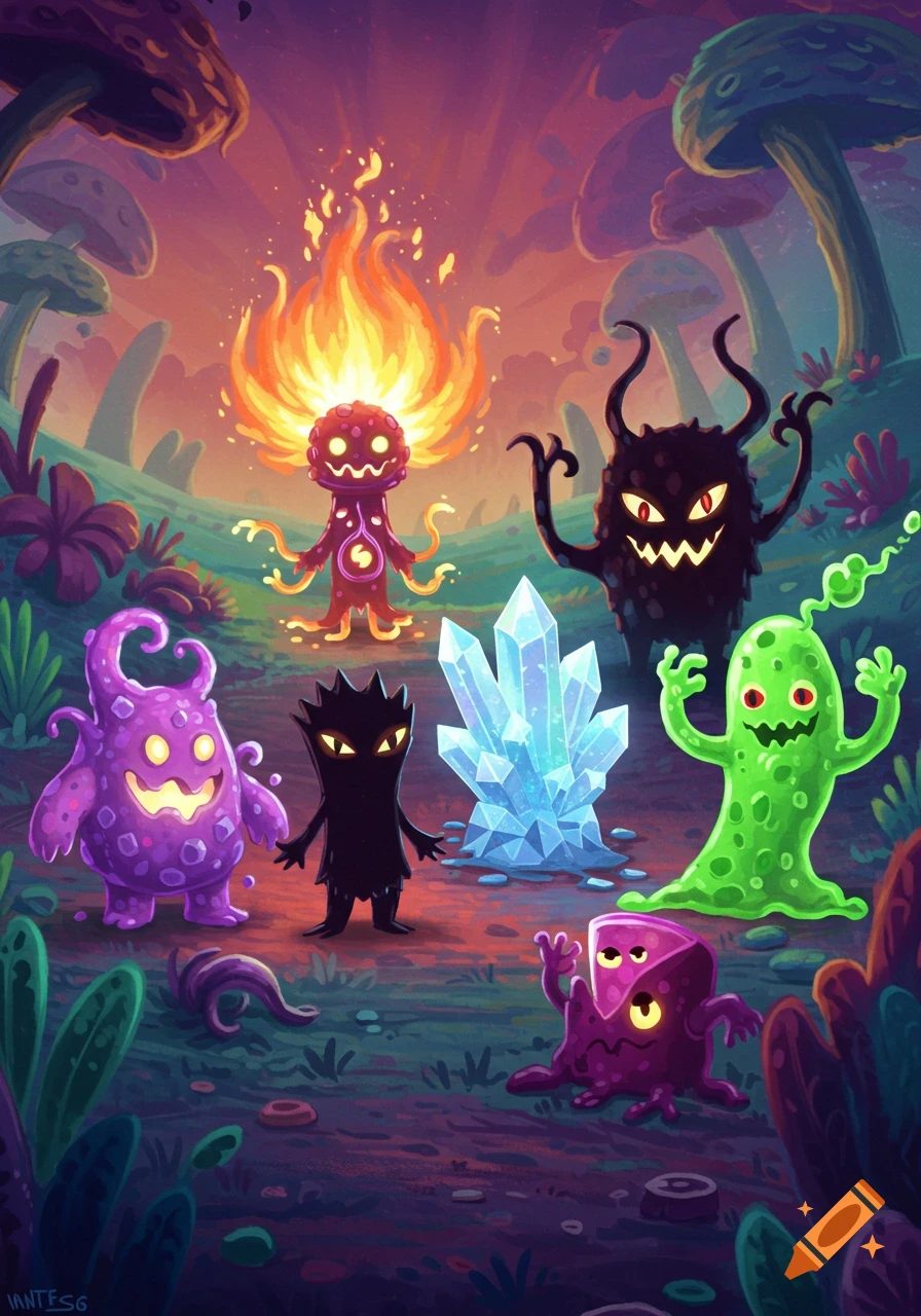 Colorful cartoon monsters, including fire, shadowy, and blob creatures, stand in a vibrant fantasy forest with glowing mushrooms around a large blue crystal.