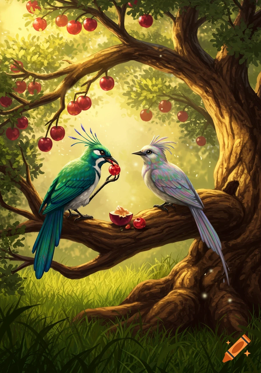 A vibrant illustration of two fantastical birds on an apple tree branch, one nibbling a red apple as the other watches.